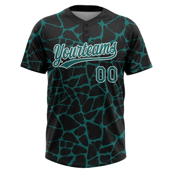 Custom Black Teal-White 3D Pattern Design Abstract Network Crackle Two-Button Unisex Softball Jersey