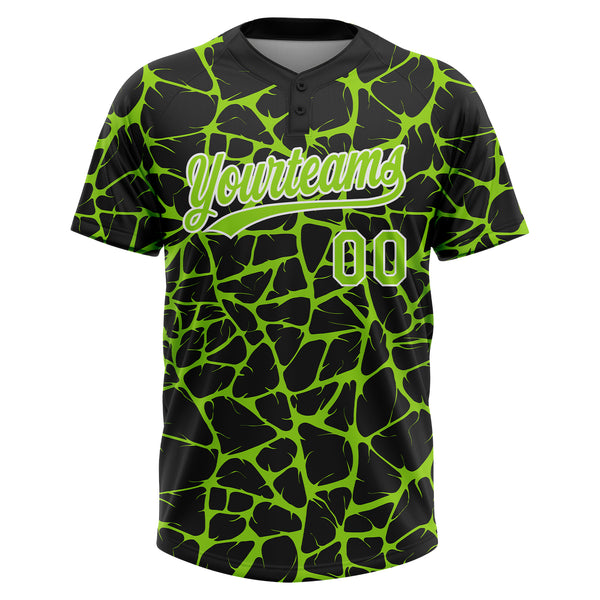 Custom Black Neon Green-White 3D Pattern Design Abstract Network Crackle Two-Button Unisex Softball Jersey