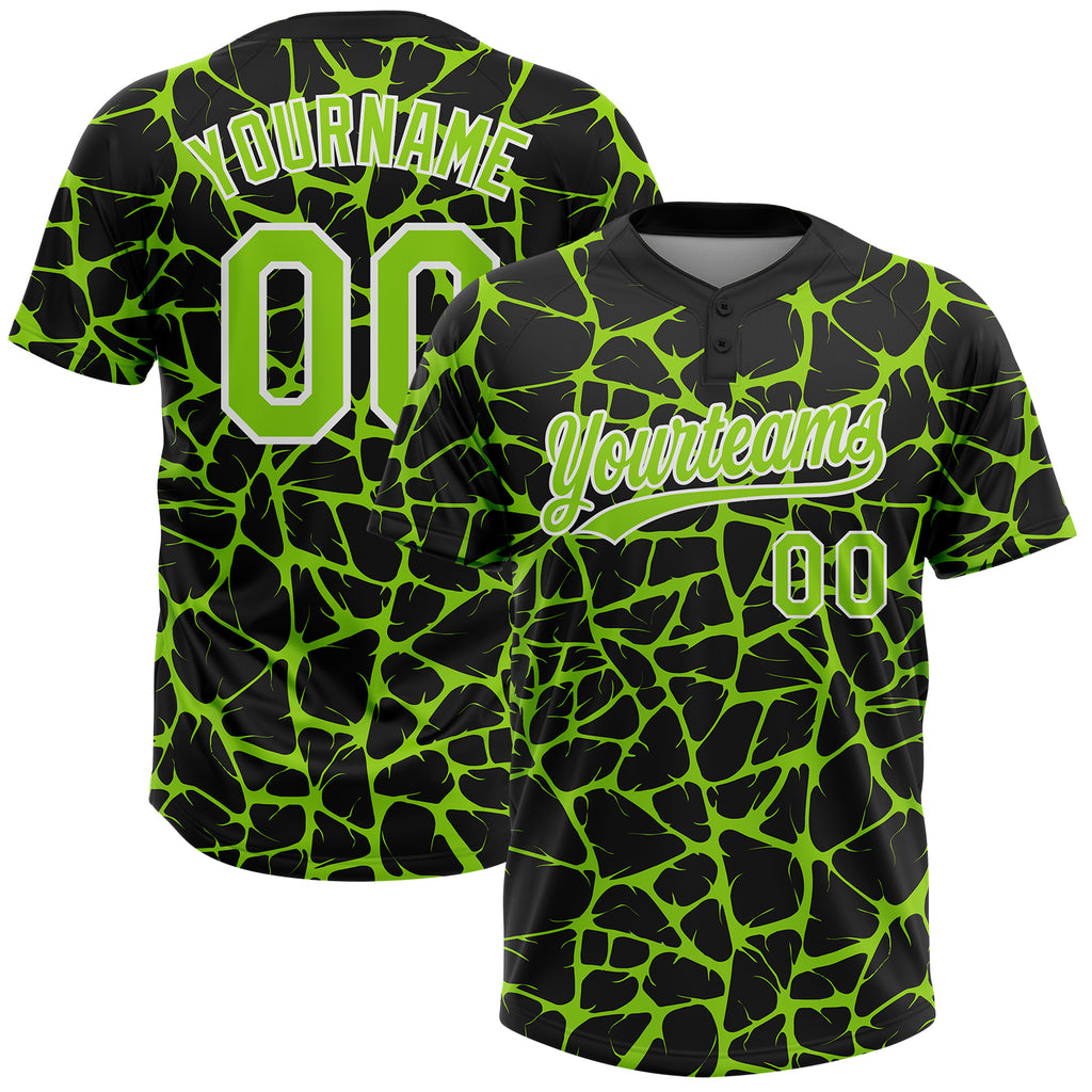 Custom Black Neon Green-White 3D Pattern Design Abstract Network Crackle Two-Button Unisex Softball Jersey