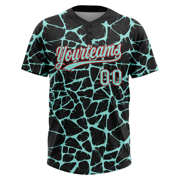 Custom Black Ice Blue-Red 3D Pattern Design Abstract Network Crackle Two-Button Unisex Softball Jersey
