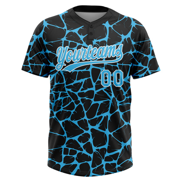 Custom Black Sky Blue-White 3D Pattern Design Abstract Network Crackle Two-Button Unisex Softball Jersey