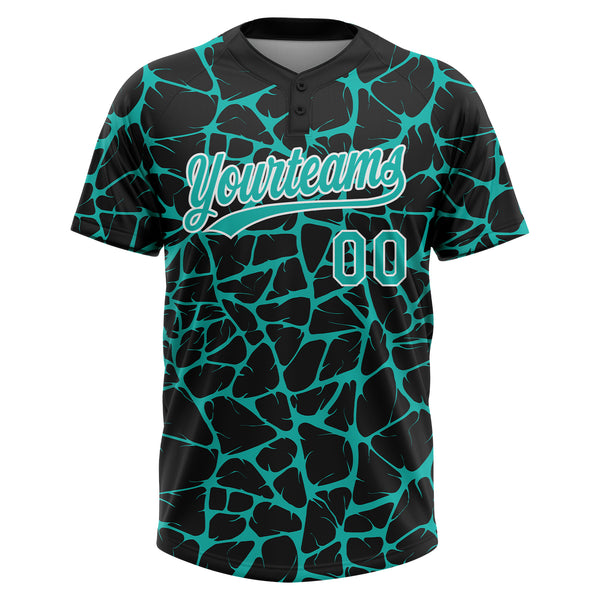 Custom Black Aqua-White 3D Pattern Design Abstract Network Crackle Two-Button Unisex Softball Jersey