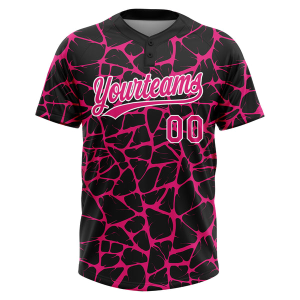 Custom Black Hot Pink-White 3D Pattern Design Abstract Network Crackle Two-Button Unisex Softball Jersey
