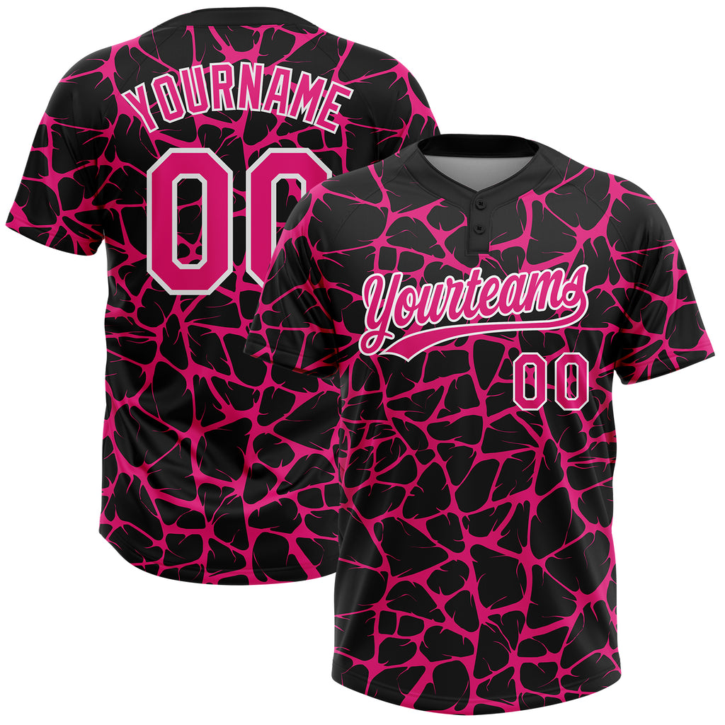 Custom Black Hot Pink-White 3D Pattern Design Abstract Network Crackle Two-Button Unisex Softball Jersey