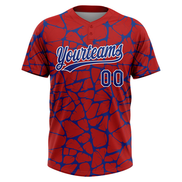 Custom Red Royal-White 3D Pattern Design Abstract Network Crackle Two-Button Unisex Softball Jersey