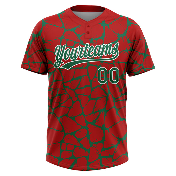 Custom Red Kelly Green-White 3D Pattern Design Abstract Network Crackle Two-Button Unisex Softball Jersey