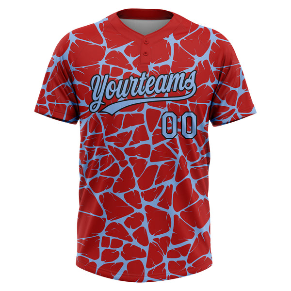 Custom Red Light Blue-Black 3D Pattern Design Abstract Network Crackle Two-Button Unisex Softball Jersey