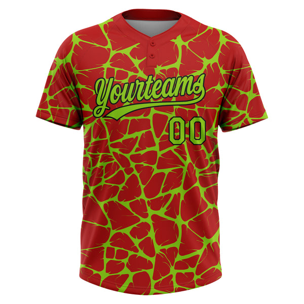 Custom Red Neon Green-Black 3D Pattern Design Abstract Network Crackle Two-Button Unisex Softball Jersey