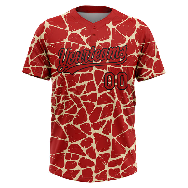 Custom Red Cream-Black 3D Pattern Design Abstract Network Crackle Two-Button Unisex Softball Jersey