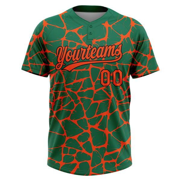 Custom Kelly Green Orange-Black 3D Pattern Design Abstract Network Crackle Two-Button Unisex Softball Jersey