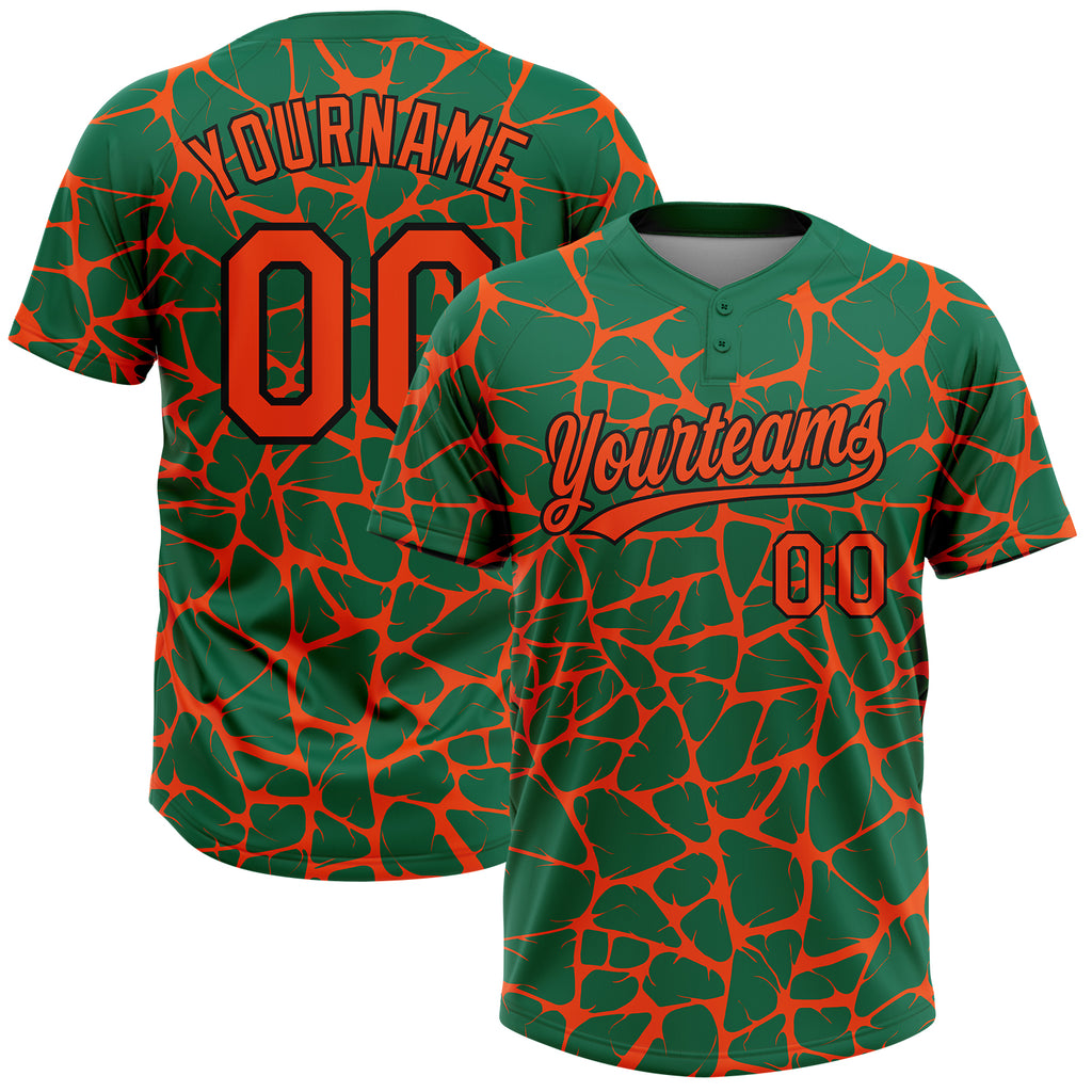 Custom Kelly Green Orange-Black 3D Pattern Design Abstract Network Crackle Two-Button Unisex Softball Jersey