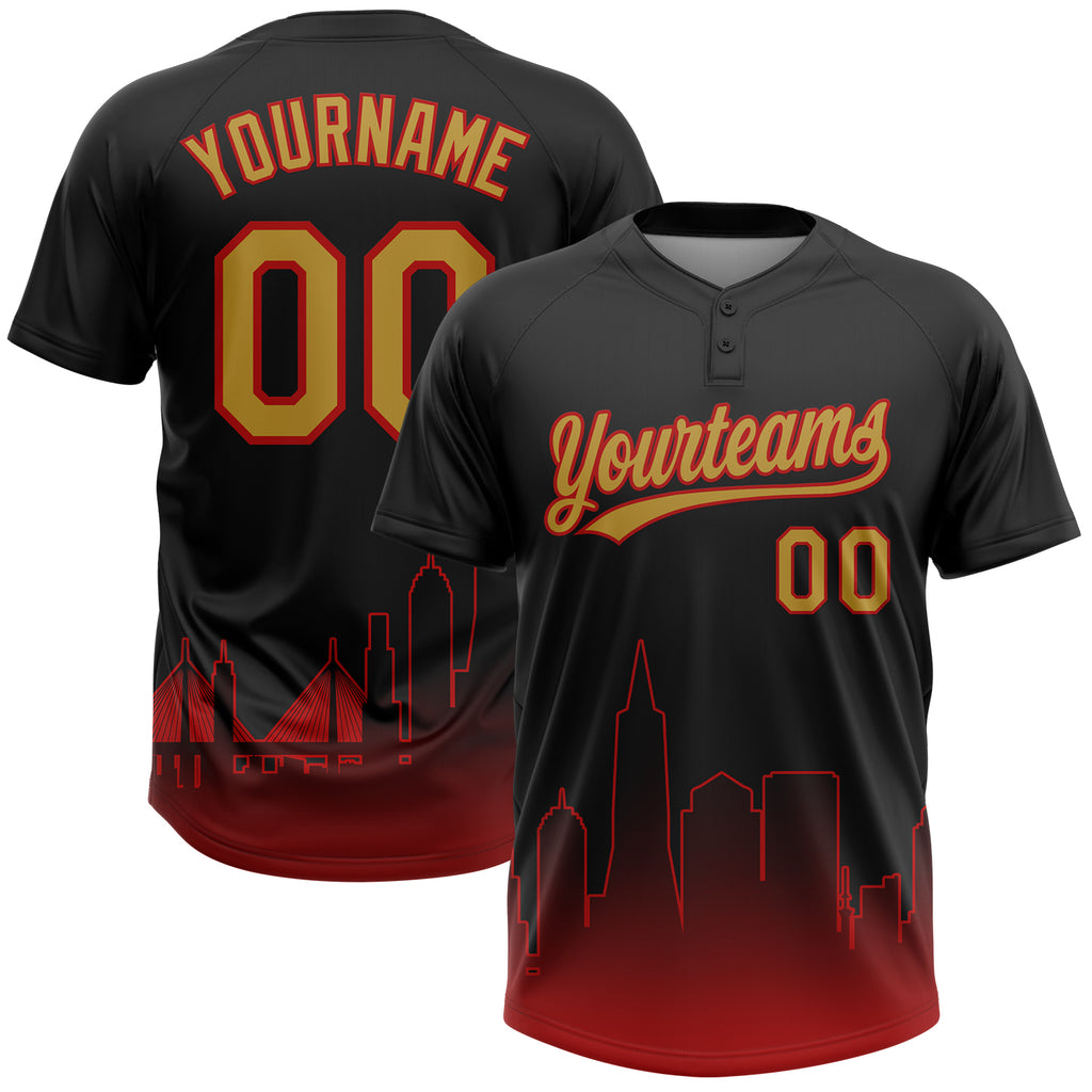 Custom Black Old Gold-Red San Francisco City Edition Gradient Two-Button Unisex Softball Jersey