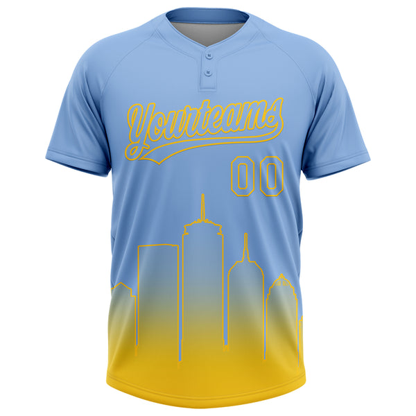 Custom Light Blue Yellow Boston City Edition Gradient Two-Button Unisex Softball Jersey