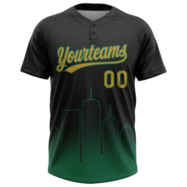 Custom Black Old Gold-Kelly Green Boston City Edition Gradient Two-Button Unisex Softball Jersey