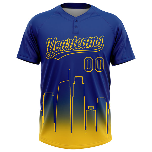 Custom Royal Yellow Los Angeles City Edition Gradient Two-Button Unisex Softball Jersey