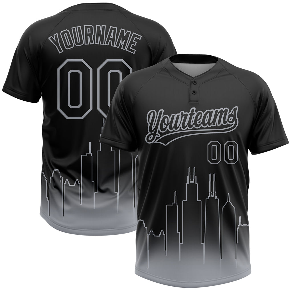 Custom Black Gray Chicago City Edition Gradient Two-Button Unisex Softball Jersey