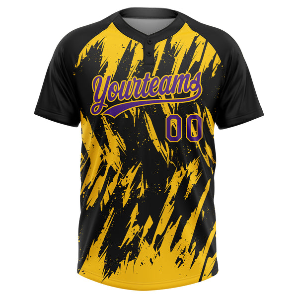 Custom Black Purple-Yellow Splatter Torn Sharp Brush Stroke Two-Button Unisex Softball Jersey
