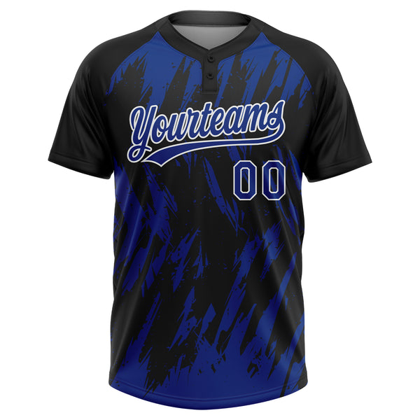 Custom Black Royal-White Splatter Torn Sharp Brush Stroke Two-Button Unisex Softball Jersey