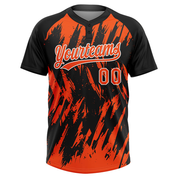 Custom Black Orange-White Splatter Torn Sharp Brush Stroke Two-Button Unisex Softball Jersey