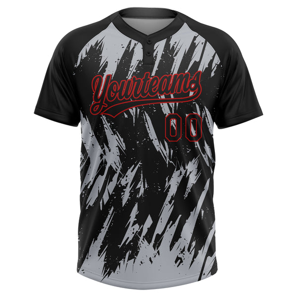 Custom Black Gray-Red Splatter Torn Sharp Brush Stroke Two-Button Unisex Softball Jersey