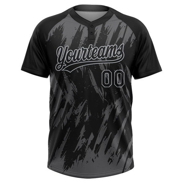 Custom Black Steel Gray-Gray Splatter Torn Sharp Brush Stroke Two-Button Unisex Softball Jersey