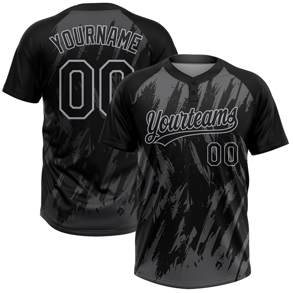 Custom Black Steel Gray-Gray Splatter Torn Sharp Brush Stroke Two-Button Unisex Softball Jersey