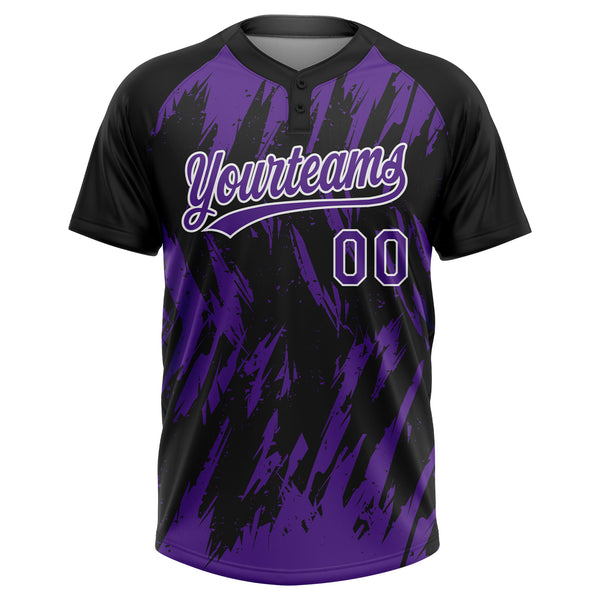 Custom Black Purple-White Splatter Torn Sharp Brush Stroke Two-Button Unisex Softball Jersey
