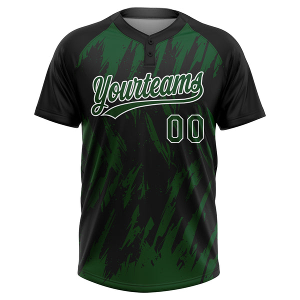 Custom Black Green-White Splatter Torn Sharp Brush Stroke Two-Button Unisex Softball Jersey