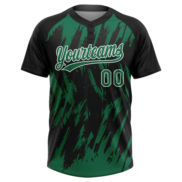 Custom Black Kelly Green-White Splatter Torn Sharp Brush Stroke Two-Button Unisex Softball Jersey