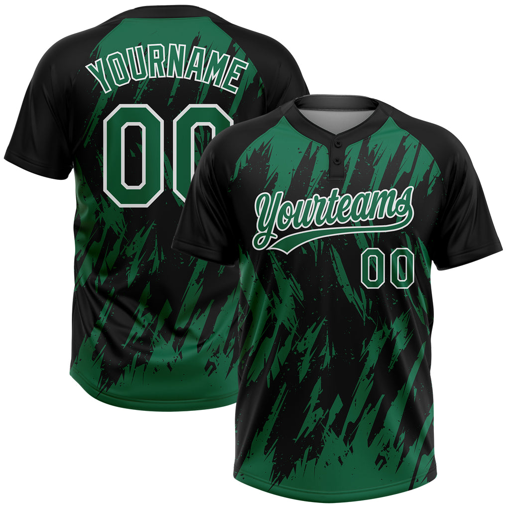 Custom Black Kelly Green-White Splatter Torn Sharp Brush Stroke Two-Button Unisex Softball Jersey