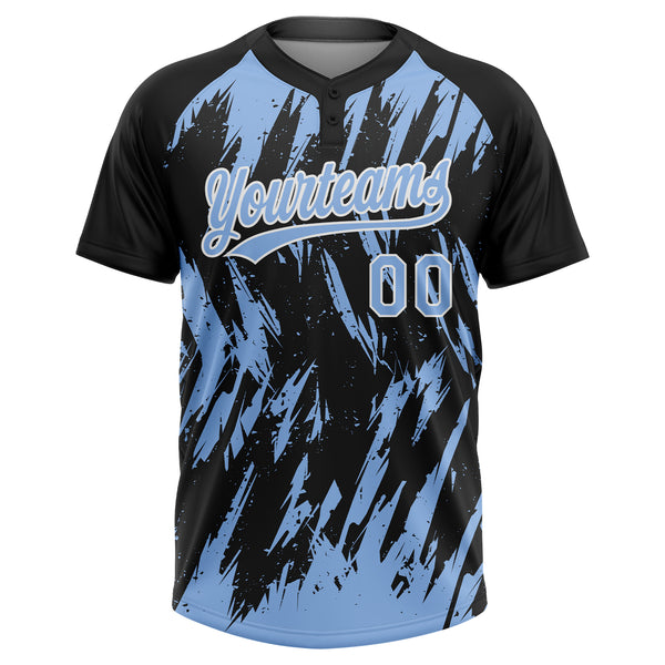 Custom Black Light Blue-White Splatter Torn Sharp Brush Stroke Two-Button Unisex Softball Jersey