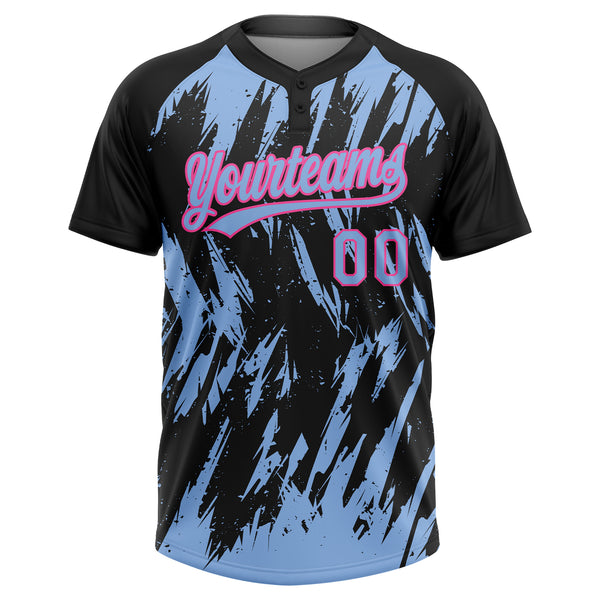 Custom Black Light Blue-Pink Splatter Torn Sharp Brush Stroke Two-Button Unisex Softball Jersey