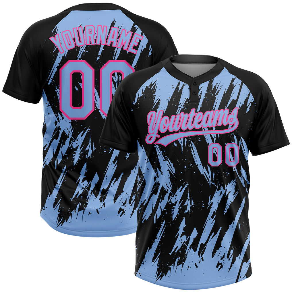 Custom Black Light Blue-Pink Splatter Torn Sharp Brush Stroke Two-Button Unisex Softball Jersey