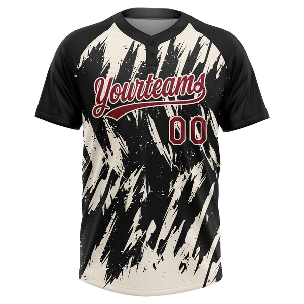 Custom Black Crimson-Cream Splatter Torn Sharp Brush Stroke Two-Button Unisex Softball Jersey