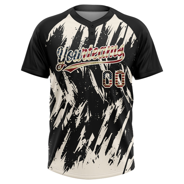 Custom Black Vintage USA Flag-Cream Splatter Torn Sharp Brush Stroke Two-Button Unisex Softball Jersey