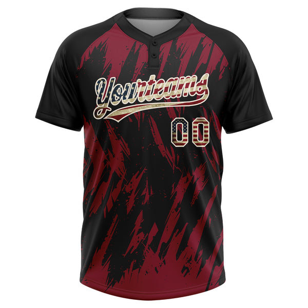 Custom Black Vintage USA Flag Crimson-Cream Splatter Torn Sharp Brush Stroke Two-Button Unisex Softball Jersey