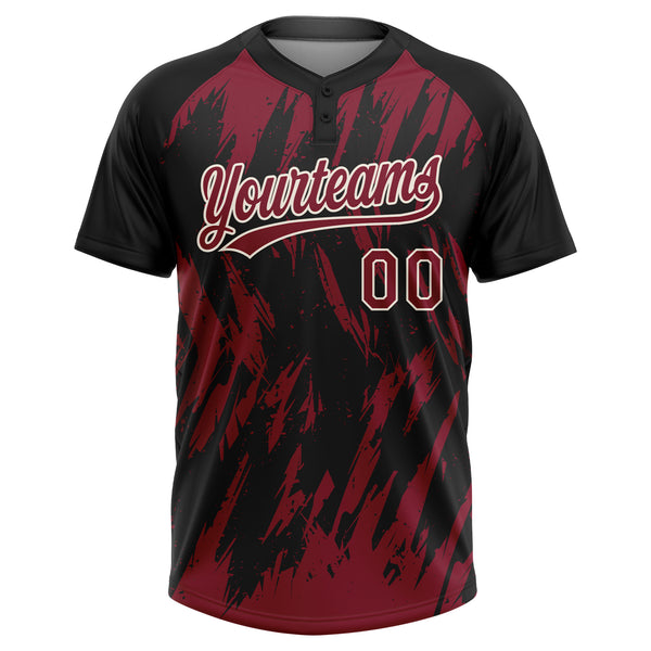 Custom Black Crimson-Cream Splatter Torn Sharp Brush Stroke Two-Button Unisex Softball Jersey