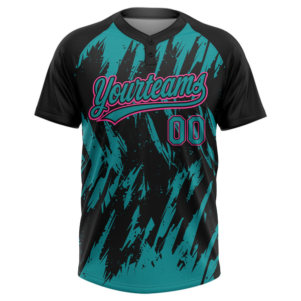Custom Black Teal-Pink Splatter Torn Sharp Brush Stroke Two-Button Unisex Softball Jersey