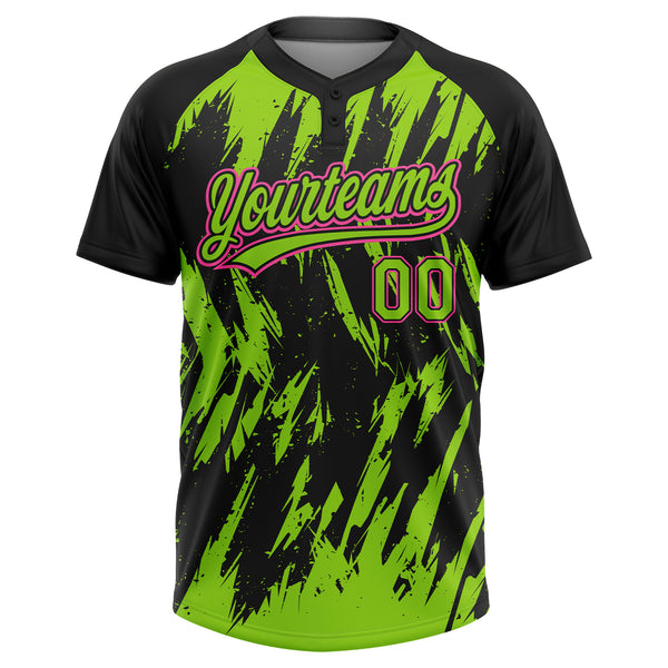 Custom Black Neon Green-Pink Splatter Torn Sharp Brush Stroke Two-Button Unisex Softball Jersey