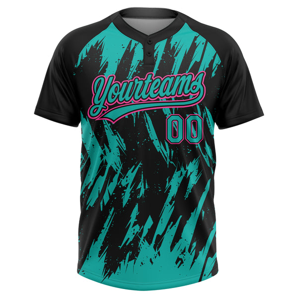 Custom Black Aqua-Pink Splatter Torn Sharp Brush Stroke Two-Button Unisex Softball Jersey