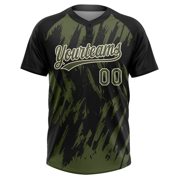Custom Black Olive-Cream Splatter Torn Sharp Brush Stroke Two-Button Unisex Softball Jersey