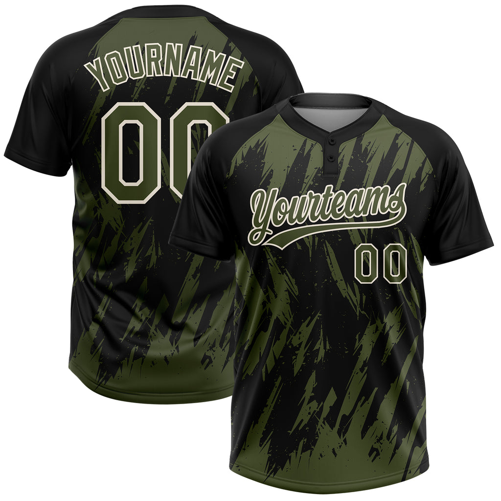 Custom Black Olive-Cream Splatter Torn Sharp Brush Stroke Two-Button Unisex Softball Jersey