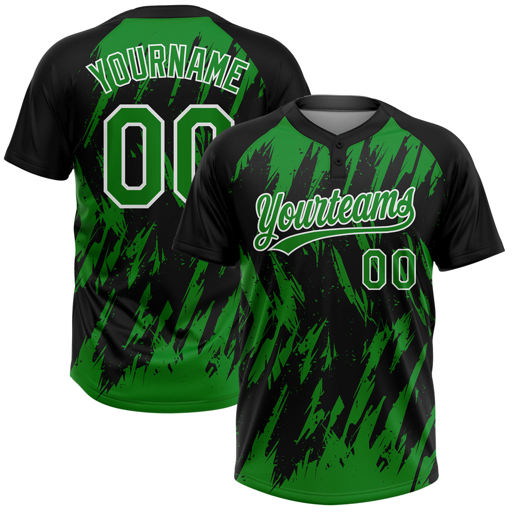 Custom Black Grass Green-White Splatter Torn Sharp Brush Stroke Two-Button Unisex Softball Jersey
