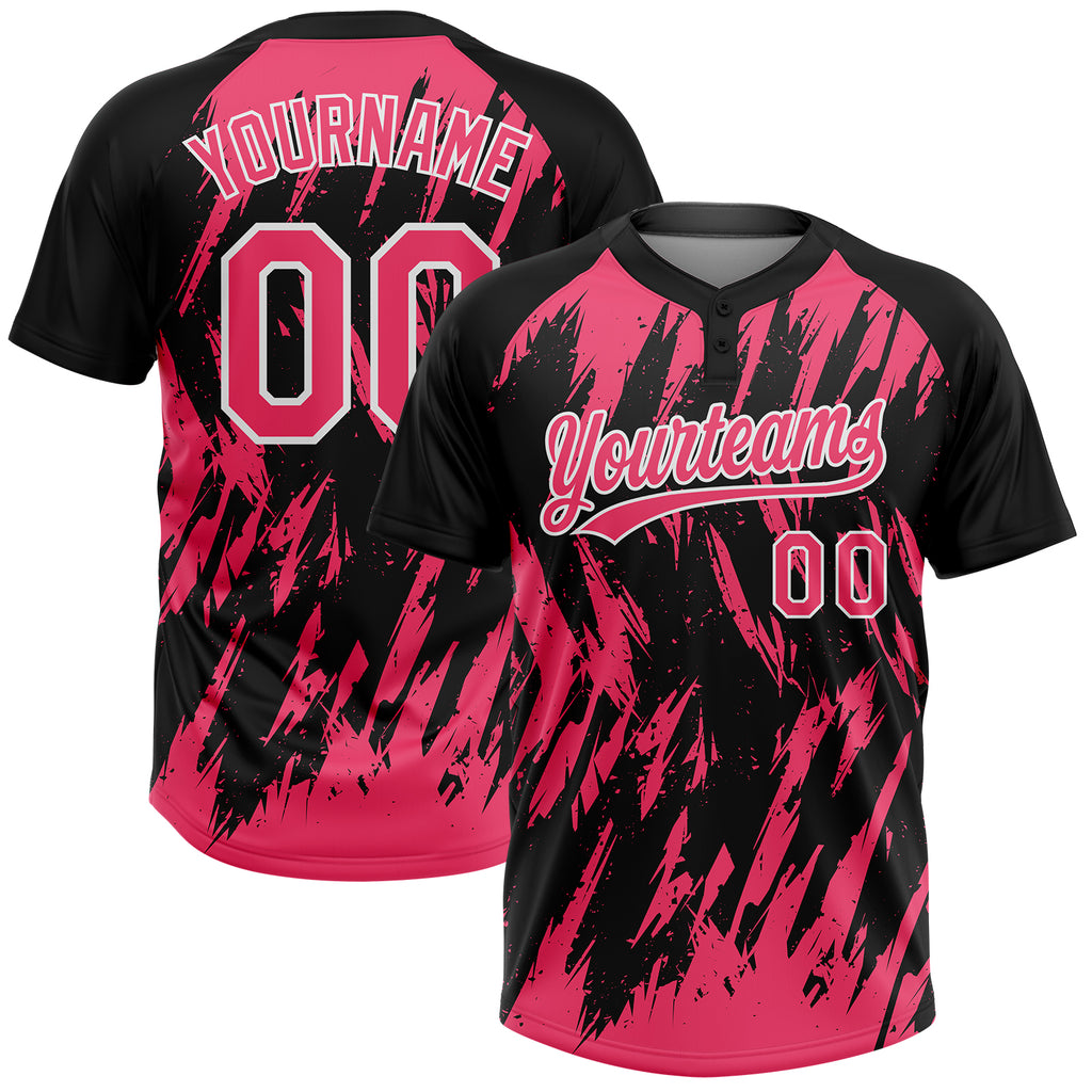 Custom Black Neon Pink-White Splatter Torn Sharp Brush Stroke Two-Button Unisex Softball Jersey