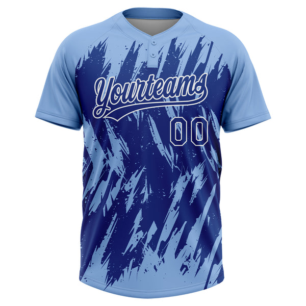 Custom Light Blue Royal-White Splatter Torn Sharp Brush Stroke Two-Button Unisex Softball Jersey
