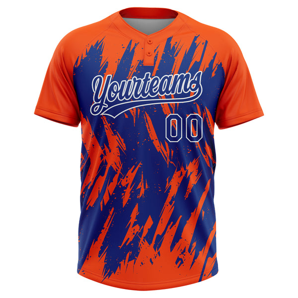 Custom Orange Royal-White Splatter Torn Sharp Brush Stroke Two-Button Unisex Softball Jersey