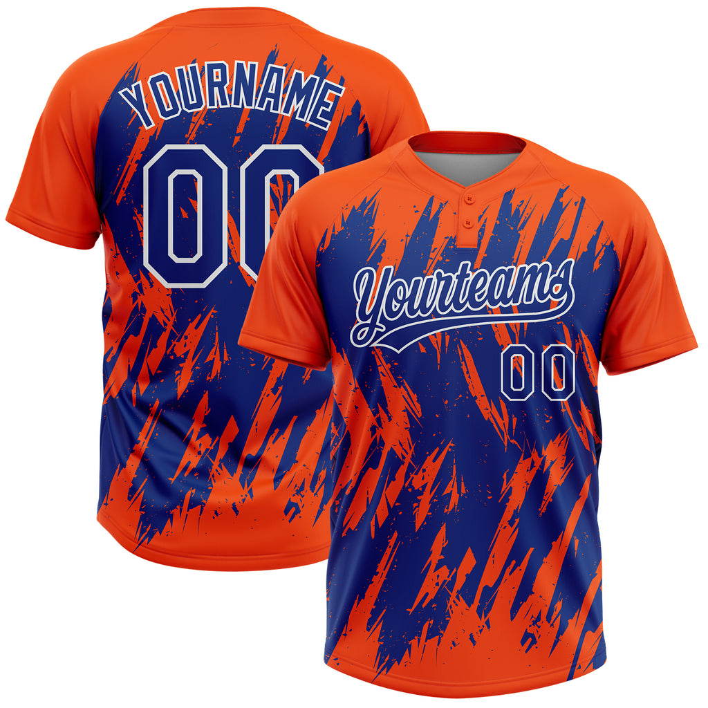 Custom Orange Royal-White Splatter Torn Sharp Brush Stroke Two-Button Unisex Softball Jersey
