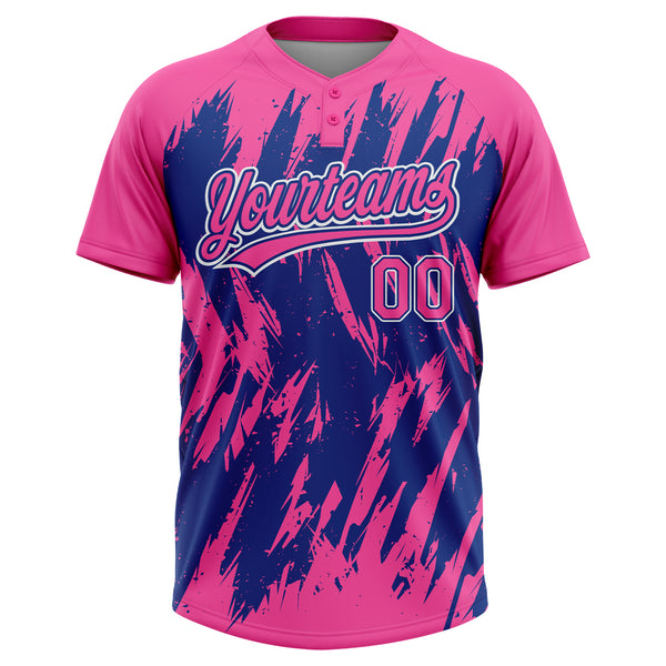 Custom Pink Royal-White Splatter Torn Sharp Brush Stroke Two-Button Unisex Softball Jersey