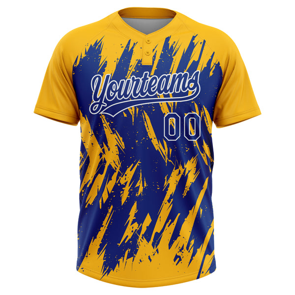 Custom Gold Royal-White Splatter Torn Sharp Brush Stroke Two-Button Unisex Softball Jersey
