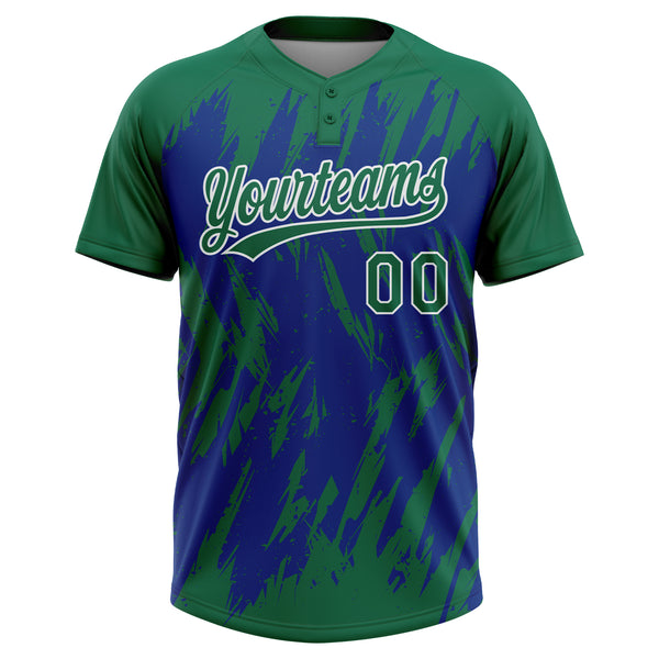 Custom Kelly Green Royal-White Splatter Torn Sharp Brush Stroke Two-Button Unisex Softball Jersey